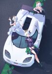  3girls absurdres asymmetrical_clothes black_boots black_bow black_ribbon black_shirt boots bow braid car cecilia_immergreen colored_inner_hair green_hair hair_ribbon highres hololive hololive_english italian_flag koenigsegg_(automobile) koenigsegg_ccx looking_at_viewer motor_vehicle multicolored_hair multiple_girls multiple_persona off-shoulder_shirt off_shoulder pants race_vehicle racecar ribbon shirt single_pantsleg smile spoiler_(automobile) sports_car sweatpants swedish_flag thigh_strap v vehicle_focus virtual_youtuber white_bow white_car white_pants white_shirt zull 