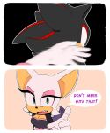  2023 anthro bat breasts chocomilkamy clothing comic dialogue duo english_text eulipotyphlan eyeshadow female gloves handwear hedgehog hi_res makeup male mammal open_mouth rouge_the_bat sega shadow_the_hedgehog slap sonic_the_hedgehog_(series) speech_bubble text 