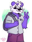  anthro backpack bear clothed clothing fur gesture giant_panda hi_res looking_at_viewer male mammal pink_marky purple_body purple_fur shaded simple_background simple_shading smile solo uniform v_sign white_body white_fur 
