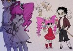  1boy 1girl aged_down alternate_costume black_eyes black_hair collage commentary_request dracule_mihawk dress floating food ghost grid_background height_difference highres holding holding_food holding_ice_cream hugging_doll hugging_object ice_cream long_hair looking_at_viewer oira_guriyade one_piece panties perona pink_hair red_dress short_hair speech_bubble sword thought_bubble twintails underwear weapon wooden_sword yellow_eyes 