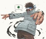  1boy aburame_shino brown_pants bruniosktch forehead_protector glasses grey_jacket high_collar highres jacket konohagakure_symbol naruto_(classic) naruto_(series) pants round_eyewear short_hair simple_background solo speech_bubble tinted_eyewear white_background 