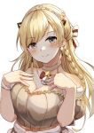  1girl aratake bare_shoulders bell blonde_hair blue_eyes blush braid breasts choker cleavage commentary_request dress earrings girls&#039;_frontline hand_on_own_chest headband highres jewelry k5_(girls&#039;_frontline) k5_(wishmaker_k-derella)_(girls&#039;_frontline) large_breasts looking_at_viewer neck_bell official_alternate_costume simple_background smile solo upper_body white_background 