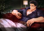  1boy artist_request bara black_hair blue_eyes borrowed_character collared_shirt commission feet_out_of_frame highres large_hands large_pectorals long_sideburns looking_at_viewer male_focus muscular muscular_male original pants partially_unbuttoned pectoral_cleavage pectorals second-party_source shirt short_hair sideburns skeb_commission smile solo thick_eyebrows white_pants 