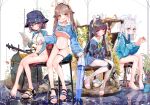  4girls :< a1u absurdres ahoge animal_ear_hairband animal_ears bare_legs barefoot bikini bird black_bikini black_bow black_hair blue_archive blue_eyes blue_halo blue_hat blue_hoodie blue_jacket blue_nails blue_shirt blue_skirt blush bottomless bow braid breasts brown_eyes brown_hair bucket_hat chair closed_mouth commentary cropped_hoodie cropped_jacket dirty dirty_clothes earrings fake_animal_ears feet full_body green_halo green_neckerchief gun hairband half_up_braid halo hat headgear highres holding holding_paper hood hood_down hoodie jacket jewelry knee_pads lahti-saloranta_m/26 large_breasts leaf leaf_on_head light_machine_gun long_hair long_sleeves looking_at_viewer machine_gun medium_breasts miniskirt miyako_(blue_archive) miyako_(young)_(blue_archive) miyu_(blue_archive) moe_(blue_archive) moe_(swimsuit)_(blue_archive) multiple_girls nail_polish navel neckerchief official_alternate_costume on_chair one_side_up open_mouth orange_nails pantyhose paper pleated_skirt purple_eyes purple_hair purple_nails rabbit_ear_hairband rabbit_ears raglan_sleeves red_eyes sailor_collar sailor_shirt saki_(blue_archive) saki_(swimsuit)_(blue_archive) sandals school_uniform shirt shoes short_hair side-tie_bikini_bottom single_bare_foot single_knee_pad sitting skirt sleeves_past_wrists slippers swimsuit toenail_polish toenails toes twintails underboob unworn_slippers weapon white_halo white_pantyhose white_sailor_collar yellow_halo 