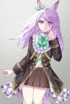  1girl animal_ears aqua_bow black_jacket black_skirt blush bow bowtie closed_mouth coat ear_bow ear_ribbon frilled_coat frilled_jacket frills green_bow highres horse_ears horse_girl horse_tail jacket long_hair long_sleeves looking_at_viewer mejiro_mcqueen_(frontline_elegance)_(umamusume) mejiro_mcqueen_(umamusume) pleated_skirt purple_eyes purple_hair ribbon shirt skirt smile solo striped_clothes striped_shirt tail tawashi_hechima umamusume 