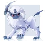  :&lt; absol animal_focus artist_name border claws closed_mouth commentary full_body fur_collar grey_background highres leg_up looking_at_viewer no_humans outside_border pokemon pokemon_(creature) red_eyes shia_(shi12_poke) short_hair sidelocks signature simple_background solo split_mouth standing white_border white_hair white_theme 