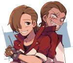  1boy ace_attorney brown_eyes brown_hair clenched_teeth dual_persona evil_grin evil_smile fingerless_gloves gloves grin hair_over_one_eye jacket looking_at_viewer male_focus matt_engarde nono_(norabi) phoenix_wright:_ace_attorney_-_justice_for_all red_jacket scar scar_across_eye shirt short_hair smile spoilers teeth upper_body 