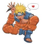  1boy blonde_hair blue_boots boots bruniosktch facial_mark forehead_protector heart highres holding holding_kunai holding_weapon jacket konohagakure_symbol kunai looking_at_viewer male_focus naruto_(classic) naruto_(series) open-toe_boots orange_jacket orange_pants pants short_hair simple_background sitting solo speech_bubble spiked_hair uzumaki_naruto weapon whisker_markings white_background 
