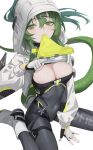  1girl absurdres arknights arknights:_endfield black_bodysuit bodysuit boots breasts commentary_request covered_navel fingerless_gloves fluorite_(arknights) gloves green_eyes green_hair grey_hood highres hooded_shrug large_breasts long_hair looking_at_viewer mixed-language_commentary shortofsugar shrug_(clothing) simple_background sitting snake_girl snake_tail solo stomach tail very_long_hair wariza white_background white_boots white_gloves 