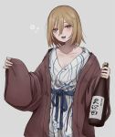  1girl alcohol bangs blonde_hair blue_eyes blue_sash blush bottle breasts collarbone commentary_request cowboy_shot drunk facing_viewer floral_print grey_background hair_over_one_eye half-closed_eyes hands_up haori highres holding holding_bottle japanese_clothes kimono long_bangs long_sleeves looking_away lower_teeth_only mole mole_under_eye open_clothes open_mouth original sake sash short_hair simple_background sleeves_past_wrists small_breasts solo tabao teeth tongue white_kimono wide_sleeves wine_bottle 
