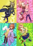  4girls agnes_tachyon_(tach-nology)_(umamusume) agnes_tachyon_(umamusume) ahoge animal_ears bandeau belt black_coat black_gloves black_hair black_leggings black_necktie black_pantyhose black_shirt black_shrug black_skirt blue_skirt boots braid breasts brown_belt brown_eyes brown_hair character_name checkered_ribbon chemical_structure closed_mouth coat collared_shirt cork cracking_knuckles dantsu_flame_(center_spotlight)_(umamusume) dantsu_flame_(umamusume) ear_covers ear_ribbon ear_tag earrings gloves green_socks grin hair_between_eyes hair_ornament hairclip half_up_braid half_up_half_down_braid hands_in_pockets highres horse_ears horse_girl horse_tail huge_ahoge jacket jam_(umamusume) jewelry jungle_pocket_(champion's_battle_cry)_(umamusume) jungle_pocket_(umamusume) lab_coat large_breasts leggings leggings_under_shorts long_bangs long_hair long_hair_between_eyes long_sleeves looking_at_viewer manhattan_cafe_(creeping_shadow)_(umamusume) manhattan_cafe_(umamusume) medium_hair midriff mouhantain multicolored_hair multiple_girls navel necktie notched_ear open_clothes open_coat open_mouth pantyhose pink_shorts red_eyes shirt shoes short_hair short_necktie shorts shrug_(clothing) single_earring single_loose_sock skirt sleeves_past_fingers sleeves_past_wrists smile socks sweater sweater_vest tail teeth test_tube tied_shirt umamusume umamusume:_beginning_of_a_new_era upper_teeth_only white_coat white_hair wide_sleeves wolf_cut yellow_bandeau yellow_eyes yellow_jacket yellow_necktie yellow_sweater yellow_sweater_vest 