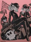  1boy 3girls absurdres azazel_(helltaker) black_hair blue_eyes collar commentary demon_girl demon_tail english_text glasses heart heart-shaped_pupils helltaker helltaker_(character) highres leather_suit mixed-language_commentary modeus_(helltaker) multiple_girls noah_(tettsui-sole) pandemonica_(helltaker) red_eyes round_eyewear sitting sitting_on_person spiked_collar spikes sunglasses symbol-shaped_pupils tail white_hair 