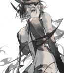  1girl amano_meme bangs blush bottomless breasts demon_girl demon_horns demon_tail greyscale horns long_hair looking_at_viewer monochrome original pointy_ears scar scar_on_arm scar_on_leg simple_background sketch solo tail 