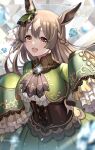  1girl animal_ears blurry blurry_foreground braid breasts brown_eyes brown_hair center_frills closed_mouth commentary_request depth_of_field double-parted_bangs ear_ornament frills green_jacket green_skirt half_up_braid half_updo hands_up highres horse_ears horse_girl jacket long_hair long_sleeves looking_at_viewer medium_breasts mishiro_(ixtlolton) multicolored_hair open_mouth pleated_skirt satono_diamond_(natural_brilliance)_(umamusume) satono_diamond_(umamusume) shirt skirt sleeves_past_fingers sleeves_past_wrists smile solo two-tone_hair umamusume very_long_hair white_hair white_shirt 