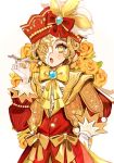  1boy :o androgynous ascot blonde_hair blue_gemstone bow brooch curly_hair edgar_valden edgar_valden_(narcissus) floral_background flower gem gloves half_mask hand_on_hip hat hat_bow hat_feather highres hoge_(n8sss) holding holding_paintbrush identity_v jacket jewelry lapels long_sleeves looking_at_viewer male_focus mask orange_flower orange_rose paintbrush puffy_long_sleeves puffy_sleeves red_bow red_headwear red_jacket rose shawl_lapels solo teardrop_facial_mark upper_body white_ascot white_background white_gloves yellow_bow yellow_eyes 