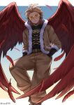  1boy absurdres blonde_hair boku_no_hero_academia brown_jacket brown_pants closed_mouth facial_hair feathered_wings feathers flying fur-trimmed_jacket fur_trim goggles hands_in_pockets hawks_(boku_no_hero_academia) highres jacket looking_at_viewer male_focus orange-tinted_eyewear pants red_feathers red_wings short_hair smile solo stubble tenpa_(tenpa2190) tinted_eyewear wings 