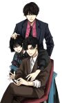  1girl 2boys black_hair black_jacket black_necktie brown_jacket brown_pants character_request closed_mouth collared_shirt earrings hand_on_another&#039;s_head highres hoshi_san_3 jacket jewelry multiple_boys necktie pants pink_shirt sankaku_mado_no_sotogawa_wa_yoru shirt short_hair simple_background sitting smile white_background white_shirt wing_collar 