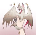  1other anger_vein claws colored_sclera commentary_request creature dragon gradient_background holding holding_creature horns malzeno_(monster_hunter) monster_hunter_(series) open_mouth out_of_frame pink_background red_sclera solo_focus spoken_anger_vein tail_around_arm taneimo_drop two-tone_background undersized_animal white_background white_scales wings yellow_claws 
