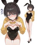  1girl animal_ear_hairband animal_ears black_hair black_leotard black_shoes blue_eyes breasts cleavage closed_mouth commentary_request fake_animal_ears four-finger_heart_hands full_body hairband haro_art heart heart_hands high_heels highleg highleg_leotard highres hooded_shrug large_breasts leotard long_sleeves looking_at_viewer multiple_views oozora_subaru orange_shrug playboy_bunny rabbit_ear_hairband rabbit_ears shoes short_hair shrug_(clothing) simple_background standing strapless strapless_leotard swept_bangs virtual_youtuber white_background 