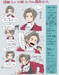 1girl 3boys ace_attorney ascot blush closed_mouth dick_gumshoe grey_eyes grey_hair hair_intakes highres jacket long_sleeves male_focus maya_fey miles_edgeworth multiple_boys multiple_views nono_(norabi) open_mouth phoenix_wright red_jacket short_hair smile speech_bubble 