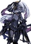  1girl bare_shoulders black_dress commentary_request cowboy_shot cyborg dress facial_mark fangs flat_chest girls&#039;_frontline grey_hair heterochromia highres holding holding_weapon long_hair looking_at_viewer mask mask_on_head mechanical_arms mechanical_legs narciss_(girls&#039;_frontline) nyto_(girls&#039;_frontline) open_mouth pink_eyes simple_background smile solo weapon white_background yellow_eyes zandorosouls 