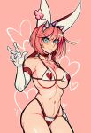  1girl absurdres animal_ears bare_shoulders bikini blue_eyes blush breasts cleavage closed_mouth clover clover_hair_ornament collarbone commentary cowboy_shot earrings elbow_gloves elphelt_valentine fake_animal_ears four-leaf_clover galadysp gloves guilty_gear guilty_gear_xrd hair_between_eyes hair_ornament hair_ribbon hairband hand_on_own_hip hand_up heart heart_print highres jewelry large_breasts looking_at_viewer medium_hair micro_bikini navel outline pink_background pink_hair red_ribbon ribbon solo spiked_hairband spikes swimsuit three-finger_salute white_bikini white_gloves white_outline 