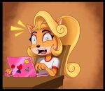  2020 activision anthro blonde_hair chair clothing coco_bandicoot computer confusion crash_bandicoot_(series) female furniture hair laptop long_hair magaska19 mammal marsupial open_mouth simple_background solo table teeth 