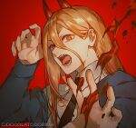 1girl artist_name black_necktie blonde_hair blood blue_jacket chainsaw_man cioccolatodorima claw_pose collared_shirt cross-shaped_pupils hair_between_eyes hemokinesis horns jacket long_hair looking_at_viewer necktie open_mouth power_(chainsaw_man) red_background red_horns sharp_teeth shirt simple_background solo symbol-shaped_pupils teeth tongue tongue_out white_shirt yellow_eyes 