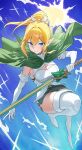  1girl absurdres blue_background blue_eyes boots breasts cleavage cloak dungeon_ni_deai_wo_motomeru_no_wa_machigatteiru_darou_ka elbow_gloves elf ellen_doe gloves green_cloak green_shorts highres knee_up large_breasts looking_at_viewer pointy_ears ponytail ryu_lion shirt shorts sleeveless sleeveless_shirt smile solo sword thigh_boots weapon white_boots white_gloves white_shirt wooden_sword 