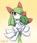  blush bottomwear carrying_another clothing female generation_3_pokemon humanoid kirlia looking_at_viewer male nintendo pokemon pokemon_(species) ralts red_eyes sketchygarden skirt smile 