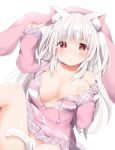  1girl animal_ear_fluff animal_ears between_legs blush breasts cat_ears cat_girl cat_tail cleavage closed_mouth commentary_request hand_on_own_chest highres large_breasts long_hair long_sleeves looking_at_viewer original pajamas pink_pajamas simple_background solo tail tail_between_legs thighs tutsucha_illust white_background white_hair 