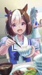  2girls ahoge animal_ears blush bow bowl bowl_stack bowtie braid brown_hair carrot chopsticks commentary_request ear_bow ear_ornament ear_ribbon eating food glutton grey_hair grey_tail hair_between_eyes hair_ornament hairband half_up_braid highres holding holding_bowl holding_chopsticks horse_ears horse_girl horse_tail long_hair multicolored_hair multiple_girls oguri_cap_(umamusume) open_mouth puffy_short_sleeves puffy_sleeves purple_bow purple_bowtie purple_eyes purple_shirt rice_bowl sailor_collar sailor_shirt sale_taishougai school_uniform shirt short_hair short_sleeves skirt smile special_week_(umamusume) tail thighhighs tracen_school_uniform two-tone_hair umamusume white_hair white_sailor_collar white_skirt white_thighhighs 