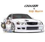  1girl blue_pants brown_hair character_name cowlick denim gigi_murin highres hololive hololive_english indian_style jeans license_plate looking_at_viewer multicolored_hair orange_eyes pants shirt shoes short_twintails simple_background sitting smile sneakers solo streaked_hair t-shirt tail tetsujin_525-gou_k's torn_clothes torn_pants toyota toyota_chaser twintails v-shaped_eyebrows vehicle_name virtual_youtuber white_background white_shirt white_shoes 