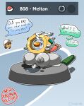 1_eye after_transformation amber_eyes anthro big_breasts big_butt big_nipples breasts butt chabble cleavage clothed clothing cookware duo elemental_creature female feral frying_pan generation_7_pokemon goo_creature hair hi_res human human_to_anthro kitchen_utensils legendary_pokemon male mammal meltan metal_creature mind_alteration mineral_fauna nintendo nipples number nut_(hardware) pokemon pokemon_(species) pokemon_professor professor_burnet professor_kukui screws size_difference smaller_female species_transformation text thick_thighs tools transformation white_hair wire_hair