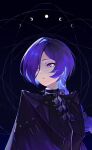  1girl blue_cloak cloak commentary_request crescent crescent_earrings dark_background earrings hair_over_one_eye highres jewelry long_hair looking_to_the_side moon_phases parted_lips promeia_(zenless_zone_zero) purple_eyes purple_hair solo uixy upper_body zenless_zone_zero 