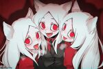  3girls absurdres animal_ears artist_name black_vest breasts cerberus_(helltaker) collared_shirt commentary demon_girl dog_ears dog_girl fangs helltaker highres long_hair looking_at_viewer medium_breasts mixed-language_commentary multiple_girls noah_(tettsui-sole) open_mouth parted_bangs red_eyes red_shirt saliva shirt smile tail tongue tongue_out triplets vest white_hair 