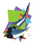 absurd_res acipenseriform anthro aquatic black_clothing black_jacket black_topwear blue_body bottomwear brown_eyes chinese_paddlefish clothing fin fish green_bottomwear green_clothing green_pants hi_res jacket long_snout male multicolored_body paddlefish pants recently_extinct_species scale_ears scales seabreeze629 seabreeze_gladius_(seabreeze629) snout topwear