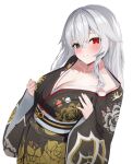  1girl black_eyes black_kimono blush breasts cleavage floral_print heterochromia highres hitachi_sou japanese_clothes kimono large_breasts long_hair looking_at_viewer original red_eyes smile white_background white_hair 