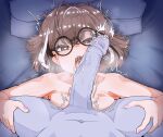  1boy 1girl ahoge bangs bed breast_press breasts brown_eyes brown_hair commentary completely_nude crossed_bangs earrings erection fellatio glasses heart heart-shaped_pupils hololive hololive_english jewelry large_penis looking_at_viewer lying medium_breasts medium_hair moral_cacoethes multicolored_hair nanashi_mumei nude on_back on_bed open_mouth oral penis pillow pink_nails pov precum round_eyewear saliva saliva_on_penis saliva_trail short_hair sidelocks single_earring sitting sitting_on_person solo_focus streaked_hair symbol-only_commentary symbol-shaped_pupils tongue tongue_out upper_body veins veiny_penis virtual_youtuber 
