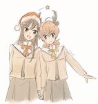  2girls ahoge animal_ears antlers artist_name bangs belt black_eyes black_hair closed_mouth collared_shirt deer_ears hair_between_eyes hat holding_hands long_hair long_sleeves low_twintails multiple_girls neck_ribbon nyamo open_mouth orange_hair red_ribbon reindeer_antlers ribbon santa_hat school_uniform shirt short_hair star_(symbol) tohmi_higashi_high_school_uniform twintails white_background yagate_kimi_ni_naru yellow_ribbon 