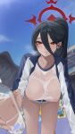  1girl absurdres all_fours bare_legs black_hair blue_archive blue_sky blush breasts collarbone covered_nipples giving gym_uniform hair_between_eyes halo hasumi_(blue_archive) hasumi_(gym_uniform)_(blue_archive) highres holding incoming_drink jacket large_breasts long_hair looking_at_viewer mole mole_under_eye nipples official_alternate_costume parted_lips ponytail red_eyes see-through shirt sky solo stadium sweat wet wet_clothes wet_shirt white_shirt wings zeil 