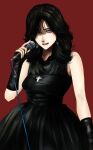  1girl bare_shoulders black_dress black_gloves black_hair copyright_request dress earrings fingerless_gloves gloves grey_eyes highres holding holding_microphone hoshi_san_3 jewelry looking_at_viewer microphone parted_lips red_background simple_background sleeveless sleeveless_dress solo 