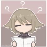  1girl ? ?? animated animated_gif black_sweater border brown_background brown_hair chibi chibi_only closed_eyes facing_viewer gradient_background hair_flaps holding holding_map map nijyu7 no_mouth outline sidelocks simple_background solo sweater thinking turtleneck turtleneck_sweater twitter_username upper_body urotsuki white_border white_outline yume_2kki 