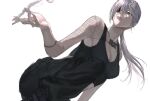  1girl black_pants black_tank_top chainsaw_man cigarette crop_top eyepatch fishnet_sleeves holding holding_cigarette long_hair looking_to_the_side me04l pants ponytail quanxi_(chainsaw_man) simple_background smoke solo tank_top white_background white_hair 