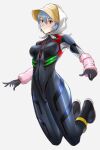  1girl ayanami_rei bangs black_bodysuit black_footwear blue_hair bodysuit boots breasts closed_mouth commentary_request evangelion:_3.0+1.0_thrice_upon_a_time full_body hat highres looking_at_viewer medium_breasts neon_genesis_evangelion plugsuit rebuild_of_evangelion red_eyes short_hair smile solo straw_hat uni+ 