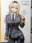  1girl alternate_costume art_tools_in_frame artist_name black_jacket black_necktie black_pants blonde_hair blue_eyes braid buttons collared_shirt commentary_request cowboy_shot dated double-breasted hair_between_eyes hairband half_up_braid highres hisama_tomoki jacket kantai_collection long_hair long_sleeves looking_at_viewer marker_(medium) military_dress_uniform military_rank_insignia military_uniform naval_dress_uniform naval_uniform necktie one-hour_drawing_challenge open_mouth pants ribbon_bar royal_navy shirt simple_background smile solo traditional_media warspite_(kancolle) waving white_background white_shirt 