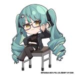  1girl afterimage aqua_hair belt black_belt black_bra black_ribbon black_shoes black_skirt bra breasts brown_eyes chibi closed_mouth commentary desk english_commentary full_body glasses goddess_of_victory:_nikke hair_ornament hair_ribbon hairclip hand_on_own_hip highres jacket long_hair long_sleeves looking_at_viewer medium_breasts motion_lines no_nose official_art on_desk paw_hair_ornament privaty_(nikke) privaty_(sharp_lesson)_(nikke) ribbon school_desk see-through_clothes semi-rimless_eyewear shoes sitting skirt smirk solo striped_clothes striped_jacket thighhighs totatokeke underwear vertical-striped_clothes vertical-striped_jacket very_long_hair 