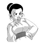  1girl :&gt; breasts chi-chi_(dragon_ball) chinese_clothes commentary condom condom_in_mouth condom_wrapper cropped_torso dragon_ball dragon_ball_z earrings english_commentary funsexydb furrowed_brow greyscale hair_bun hand_on_hip highres jewelry large_breasts monochrome mouth_hold single_hair_bun solo upper_body 