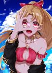  1girl alternate_costume alternate_hairstyle aruti bangs bikini black_jacket blonde_hair blue_sky bow breasts cloud collarbone commentary_request day earrings ereshkigal_(fate) fate/grand_order fate_(series) floating_hair gold_trim hair_bow highres holding jacket jewelry long_hair looking_at_viewer medium_breasts off_shoulder open_clothes open_jacket open_mouth parted_bangs ponytail red_bikini red_bow red_eyes sky smile solo swimsuit very_long_hair water wet 