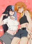  2girls aoyagi_touya bare_shoulders belt benqingk1 black_belt black_shirt blonde_hair blonde_streaks blue_hair blush breasts collarbone collared_shirt crop_top denim denim_shorts ear_piercing eyelashes frayed_shorts genderswap genderswap_(mtf) green_eyes grey_skirt hair_between_eyes hand_up heart hip_bones jewelry long_hair looking_at_viewer medium_breasts messy_hair mole mole_under_eye multicolored_hair multiple_girls navel open_fly orange_hair outstretched_hand parted_lips perspective piercing pink_background pink_lips project_sekai reaching reaching_towards_viewer shinonome_akito shirt shorts skirt small_breasts split-color_hair streaked_hair tank_top thighs toned toned_female two-tone_hair v-neck very_long_hair white_shirt wolf_cut 